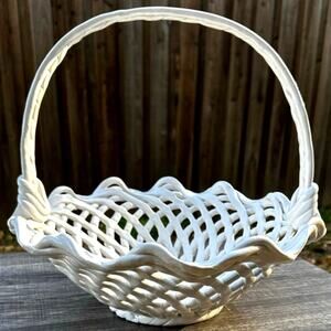Ceramic Woven White Lattice Ruffle Top Large Handled 13" Centerpiece Basket